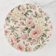 🌸 Vintage Blush Pink Rose Floral Trinket Tray 