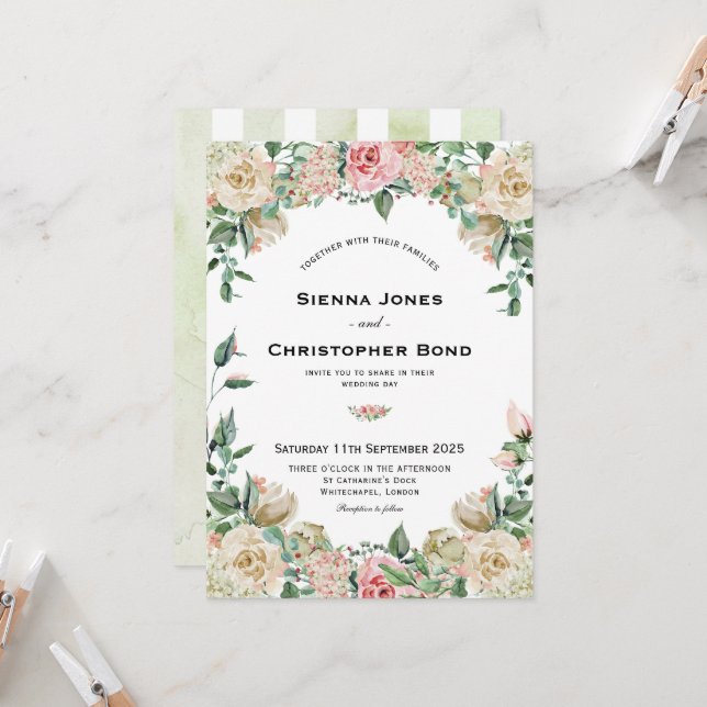 Vintage Blush Pink Rose  Floral  Wedding  Invitation (Front/Back In Situ)