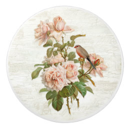 Vintage Blush Pink Roses Botanical Bird White Wood Ceramic Knob