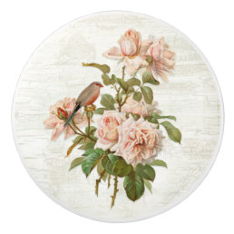 Vintage Blush Pink Roses Botanical Bird White Wood Ceramic Knob
