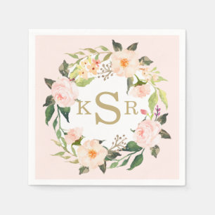 Vintage Blush Pink Roses Floral Wreath Monogrammed Paper Napkins