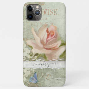Vintage Blush Pink Roses Painted Butterfly w Name iPhone 11 Pro Max Case