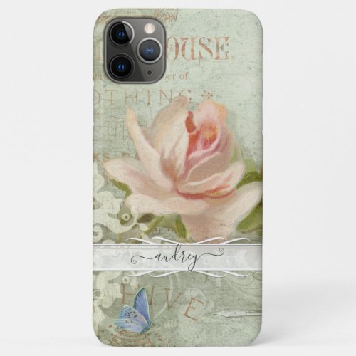 Vintage Blush Pink Roses Painted Butterfly w Name iPhone 11 Pro Max Case