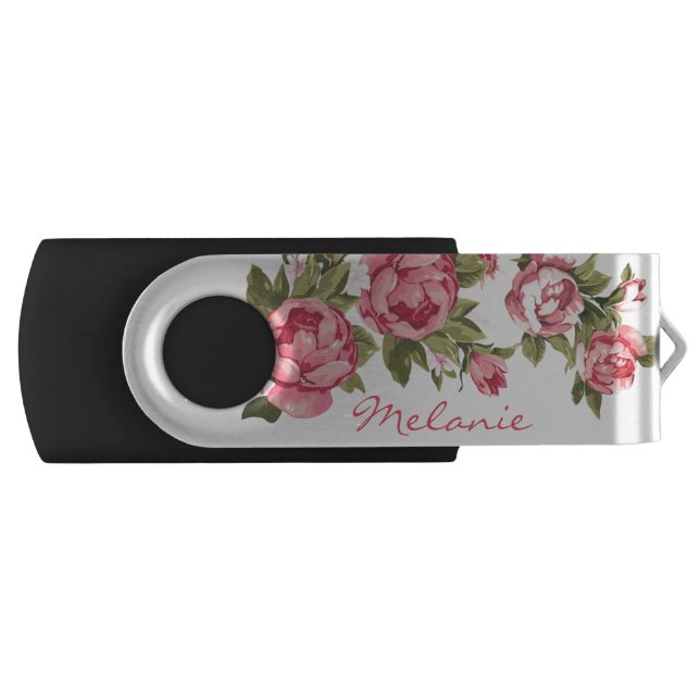 Vintage blush pink roses Peonies name Flash Drive (Front)