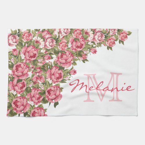 Vintage blush pink roses Peonies name monogram Kitchen Towel