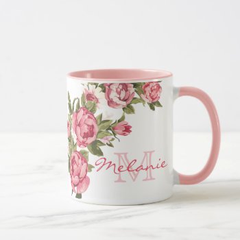 Vintage Blush Pink Roses Peonies Name  Monogram Mug by storechichi at Zazzle