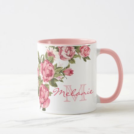 Vintage Blush Pink Roses Peonies Name, Monogram Mug