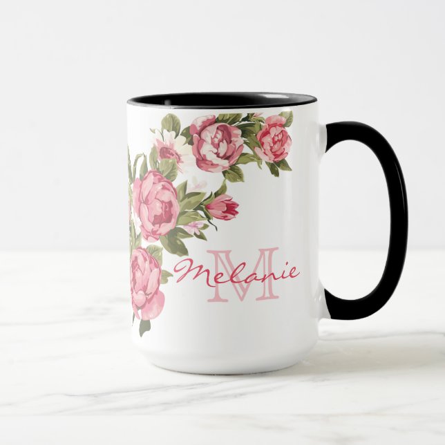 Vintage blush pink roses Peonies name, monogram Mug (Right)