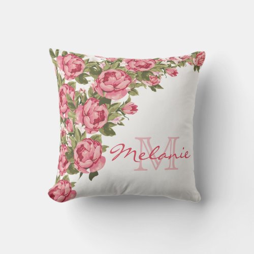 Vintage blush pink roses Peonies name monogram Throw Pillow
