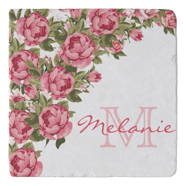 Vintage blush pink roses Peonies name, monogram Trivet (Front)