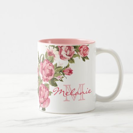 Vintage Blush Pink Roses Peonies Name, Monogram Two-tone Coffee Mug