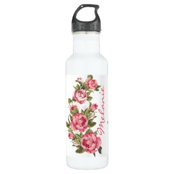 Vintage Blush Pink Roses Peonies Name Stainless Steel Water Bottle by storechichi at Zazzle