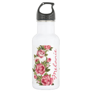 Vintage blush pink roses Peonies name Water Bottle