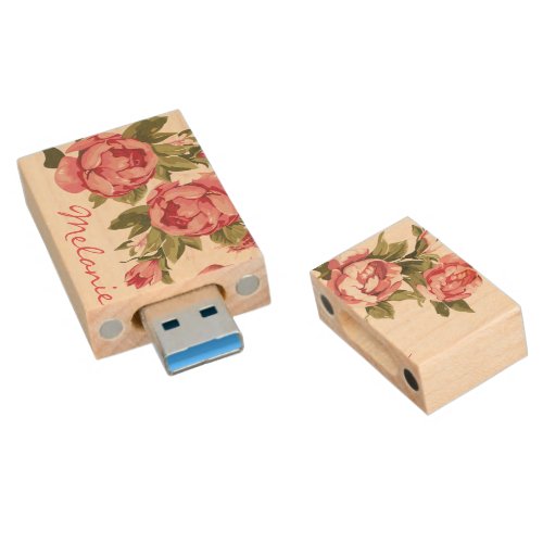 Vintage blush pink roses Peonies name Wood USB Flash Drive