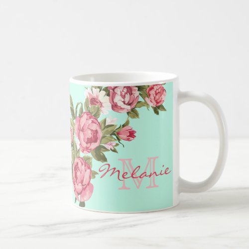 Vintage blush pink roses Peonies pale turquoise Coffee Mug