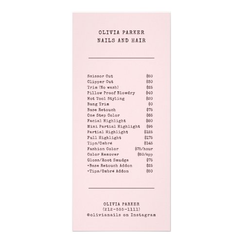 Vintage Blush Pink  Salon Price List Services Rack Card