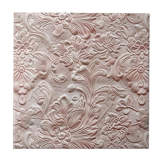 Vintage blush pink tooled leather ceramic tile (Front)