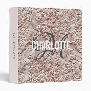 Vintage blush pink tooled leather monogram name 3 ring binder