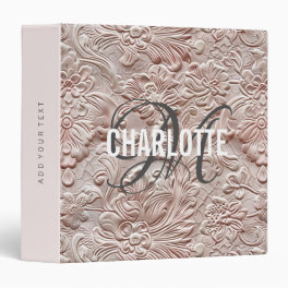 Vintage blush pink tooled leather monogram name 3 ring binder