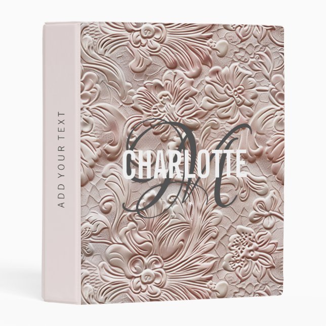 Vintage blush pink tooled leather monogram name mini binder (Front/Spine)