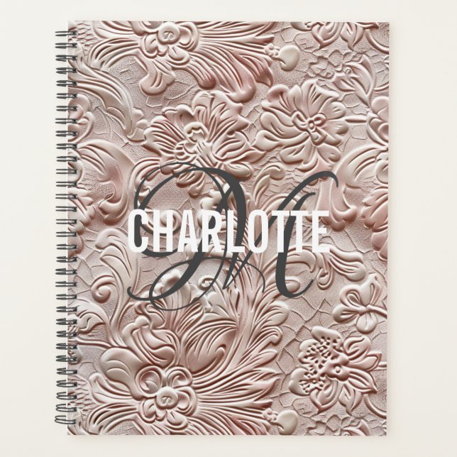Vintage blush pink tooled leather monogram name planner (Front)