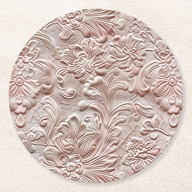 Vintage blush pink tooled leather round paper coaster (Front)