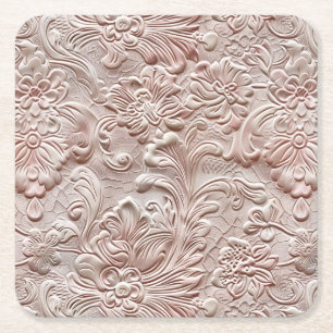 Vintage blush pink tooled leather square paper coaster