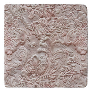 Vintage blush pink tooled leather trivet