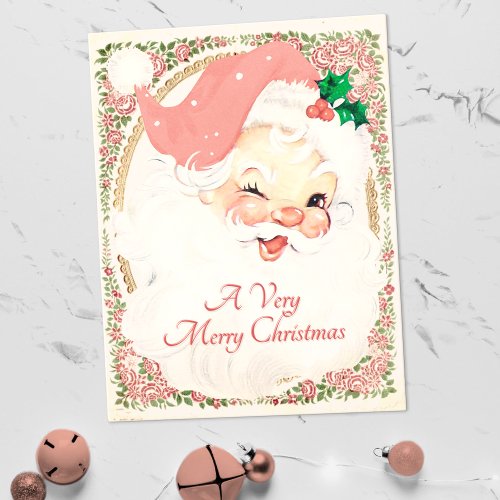 Vintage Blush Pink Winking Santa Claus Christmas Holiday Postcard