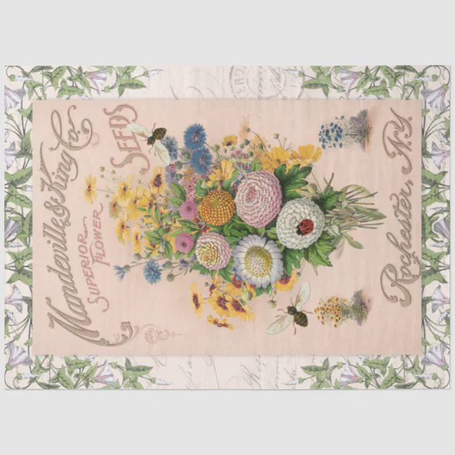 Vintage Blush Pink Yellow Sunflower Bees Botanical Tissue Paper | Zazzle