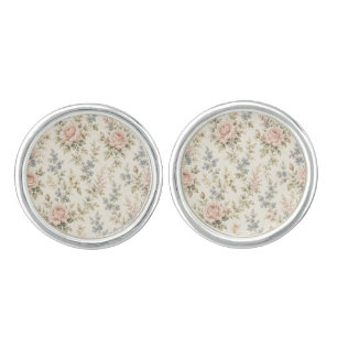 Vintage Blush Rose & Blue Floral Wedding Cufflinks