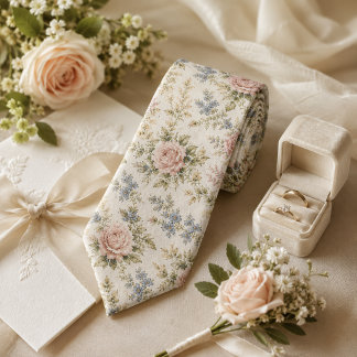 Vintage Blush Rose & Blue Floral Wedding Neck Tie