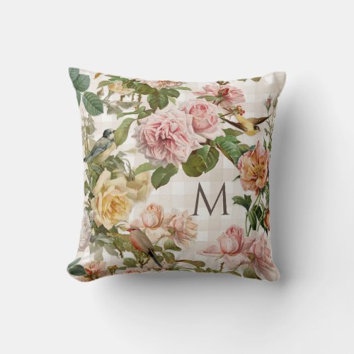 Vintage Blush Rose Floral Elegant French w Birds Throw Pillow