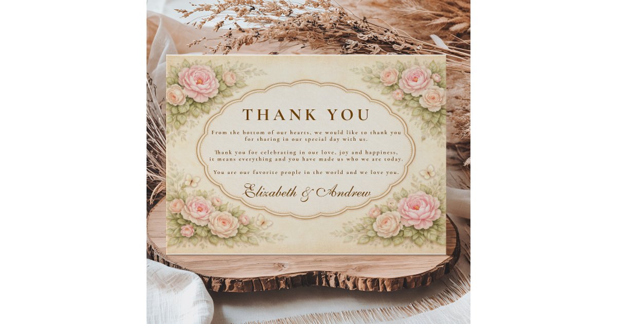 Vintage Blush Rose Garden Wedding Thank You Card | Zazzle