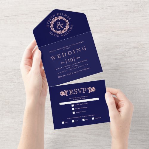 Vintage blush rose wreath on navy blue wedding   a all in one invitation