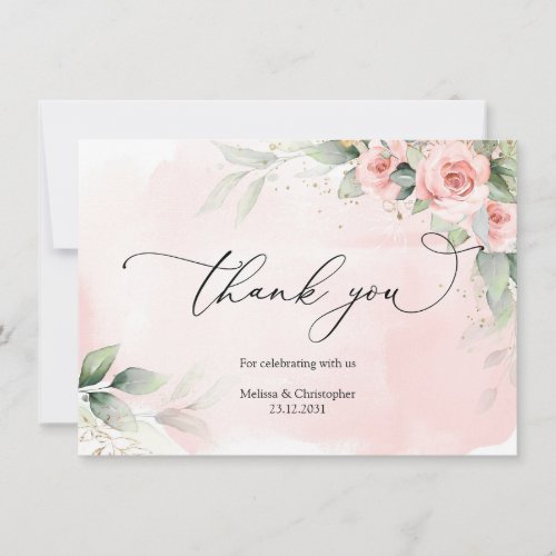 Vintage blush roses and greenery foliage gold oval thank you card