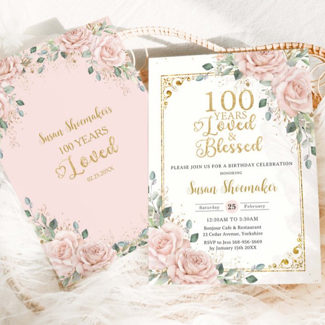 Vintage Blush Roses Floral 100th Birthday Loved Invitation (Creator Uploaded)