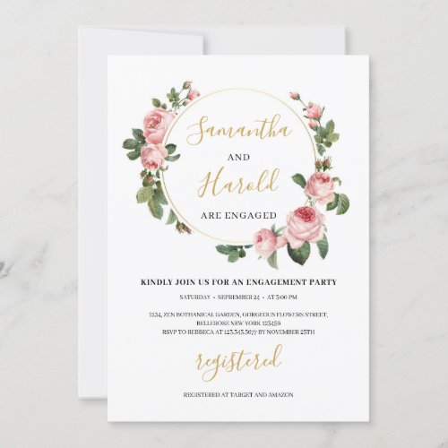 Vintage blush roses floral wreath boho engagement invitation