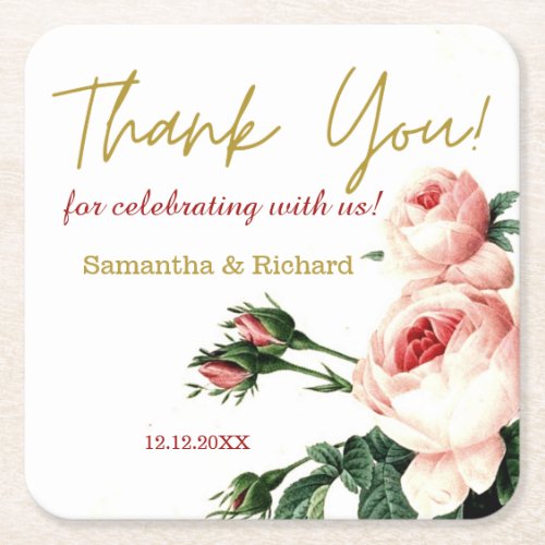 Vintage Blush Roses Gold Thank You Wedding Favor Square Paper Coaster
