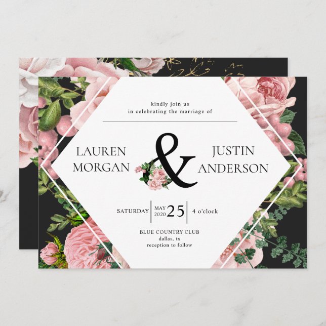 Vintage Blush Roses Monogram Elegant Wedding Invitation (Front/Back)