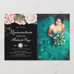 Vintage Blush Roses on Black Quinceanera Invitation