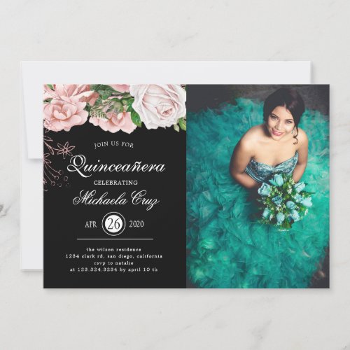 Vintage Blush Roses on Black Quinceanera Invitation