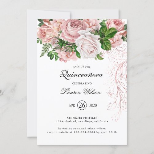 Vintage Blush Roses on White Quinceanera Invitation
