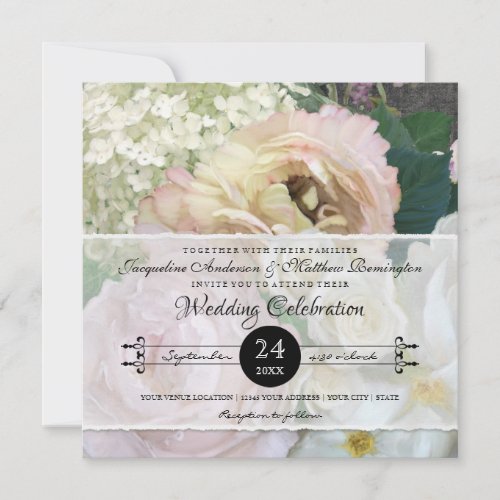 Vintage Blush Yellow Peony Hydrangea Roses Floral Invitation