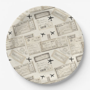 Vintage Boarding Pass Travel Pattern Paper Plates
