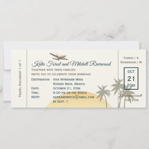 Vintage Boarding Pass Wedding  RSVP on ecru Invitation