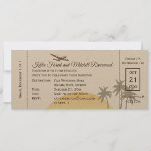 Vintage Boarding Pass Wedding & RSVP on Kraft Invitation