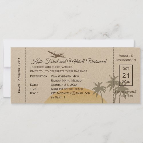 Vintage Boarding Pass Wedding  RSVP on Kraft Invitation