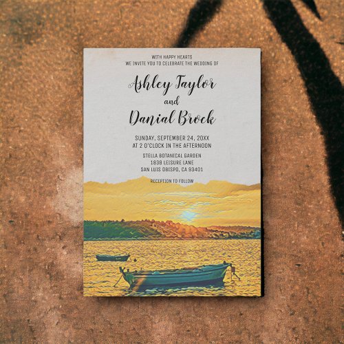 Vintage boat nautical sunset destination wedding invitation