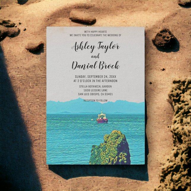 Vintage boat navy travel destination wedding invitation (Creator Uploaded)